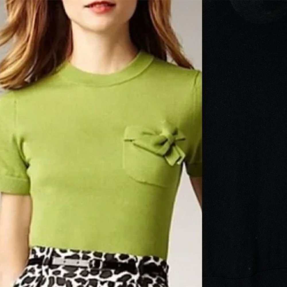 Kate Spade Black Silk Blend Bow Pocket Crew Short Sleeve Pullover Sweater Small